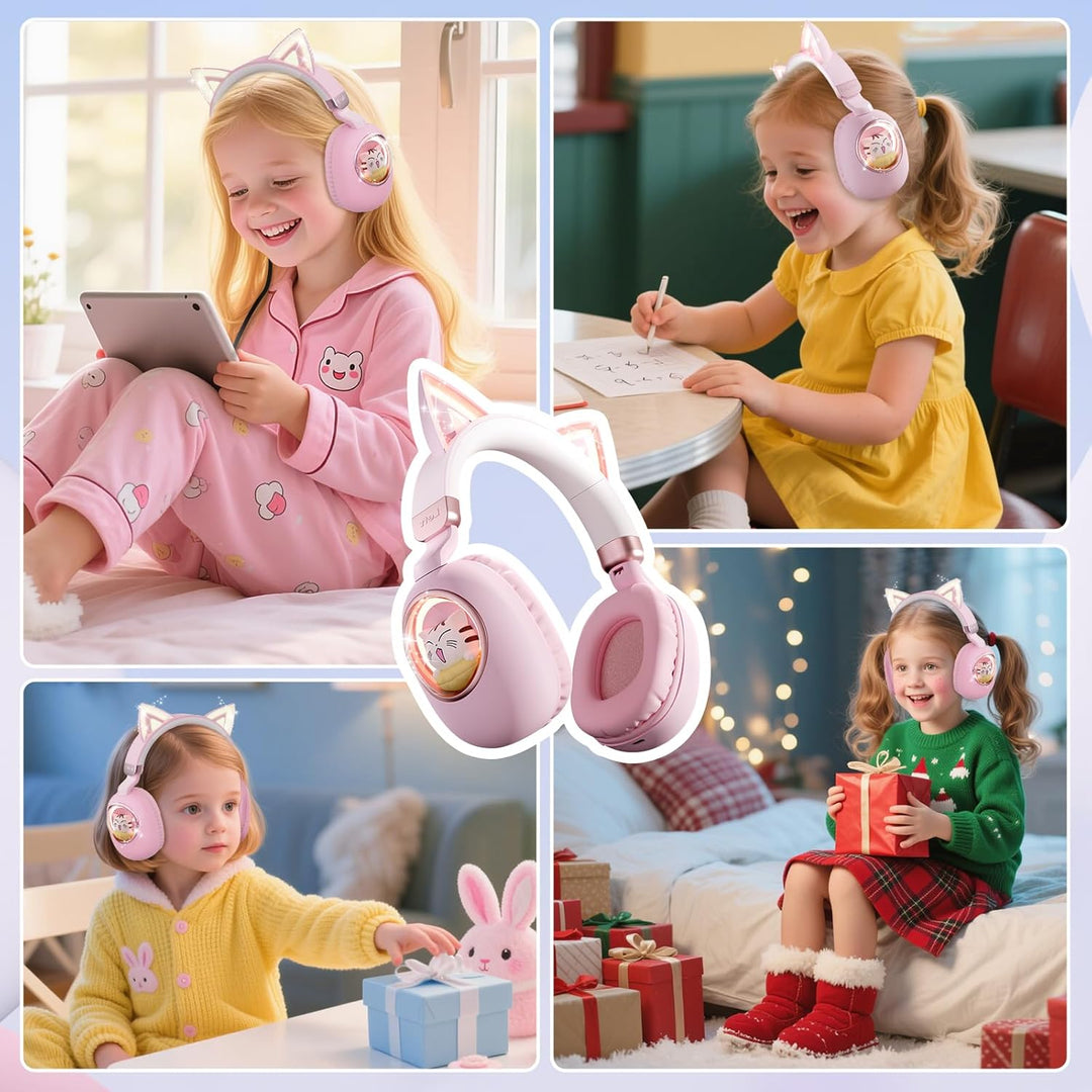 Kinder Kopfhörer mit Katzenohren, Bluetooth 5.4 Over-Ear Noise Cancelling Kopfhörer mit Mikrofon, LE