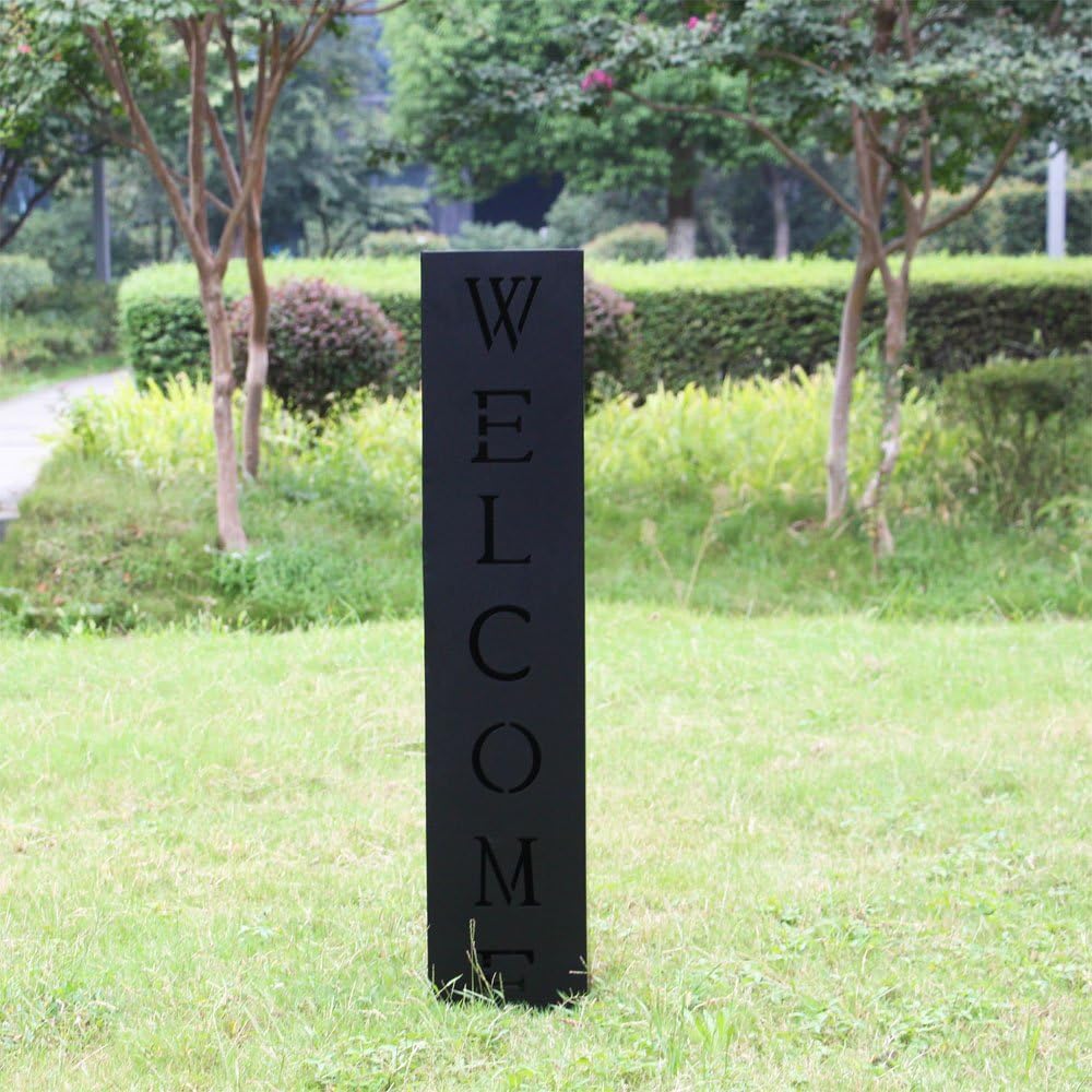 Pflanzsäule Welcome in Schwarz, Fackelsäule aus Metall, Dekosäule für Hauseingang und Vorgarten