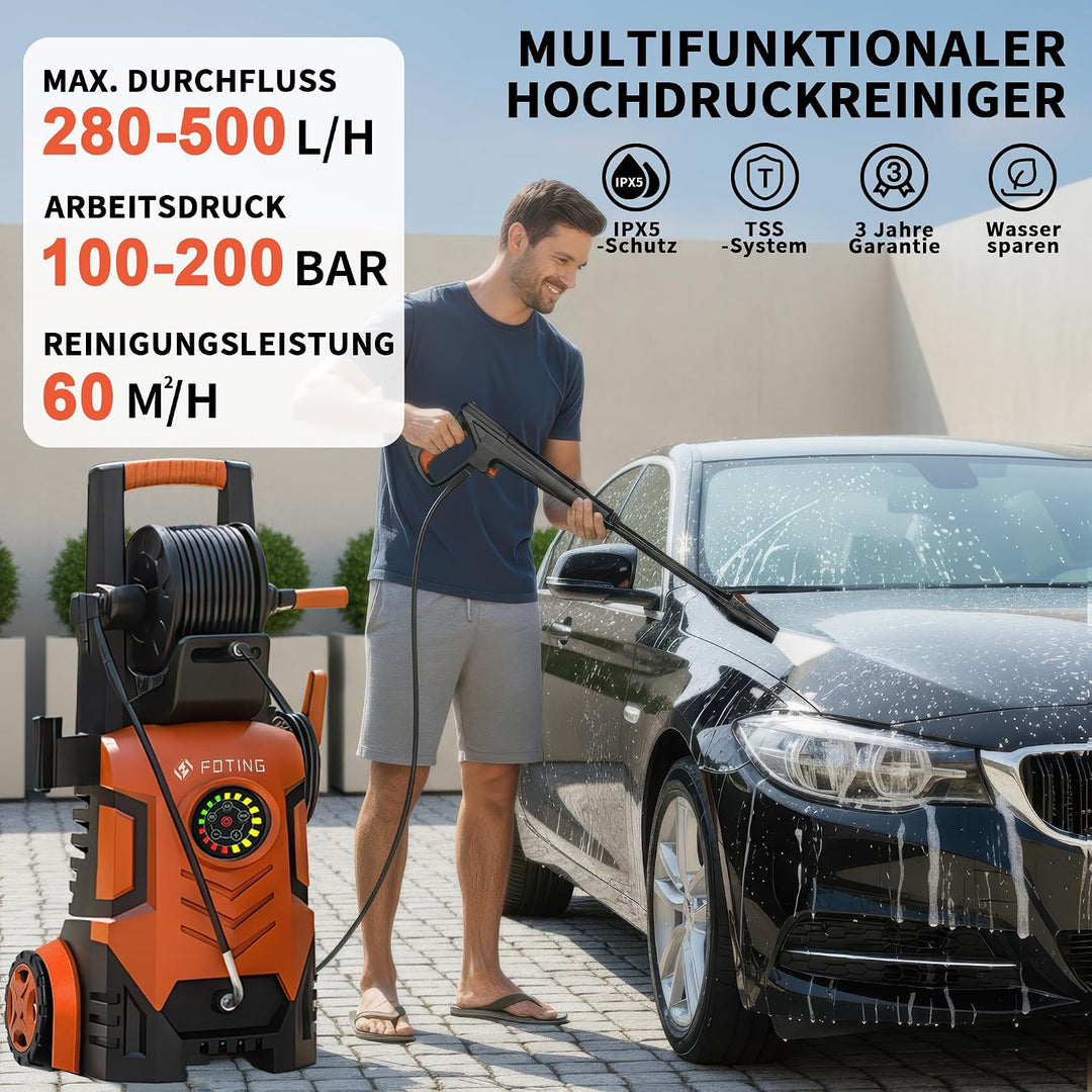 2026New Hochdruckreiniger Touchscreen 8-stufiger 200 Bar, 6-in-1-Düse, 90cm Gerätehöhe, Einstellbare