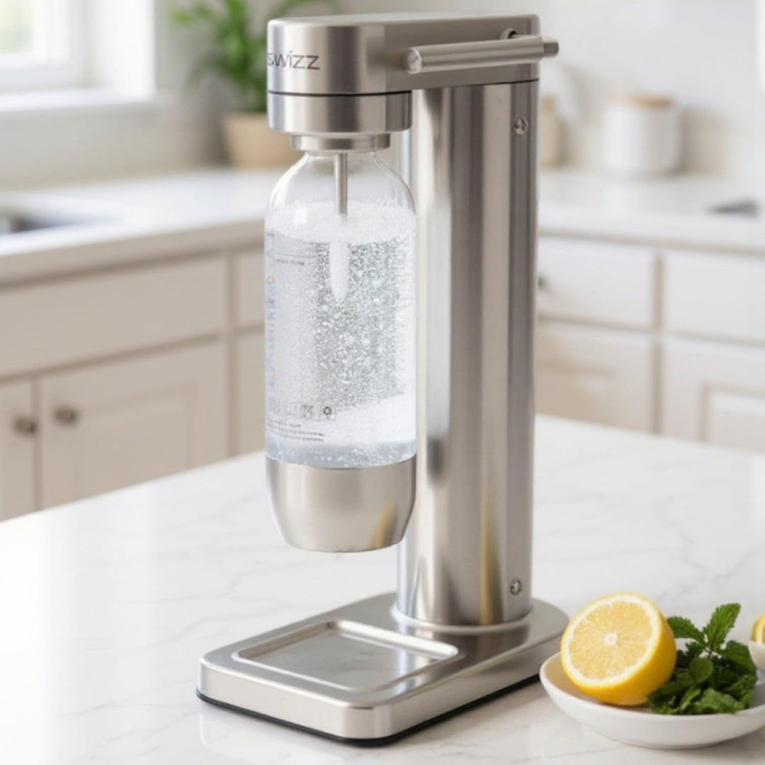 Premium Wassersprudler aus gebürstetem Edelstahl mit 1 x BPA-frei Flaschen SW!ZZ (gebürstetem Edelst