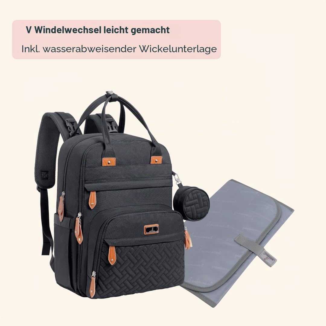 BabbleRoo Baby Wickeltasche/Rucksack, Wickelrucksack lässige Wickeltaschen Schwarz, Schwarz