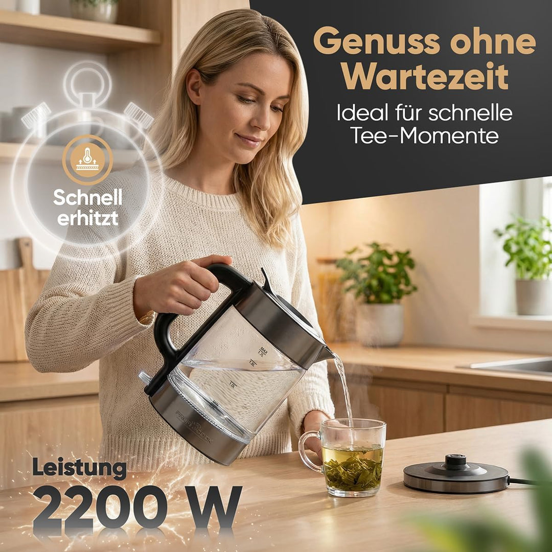 ProfiCook® Wasserkocher Glas | 1,7L | 2200W | beleuchtet | BPA frei | Einhandbedienung | 360° drehba