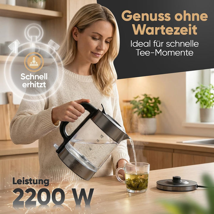 ProfiCook® Wasserkocher Glas | 1,7L | 2200W | beleuchtet | BPA frei | Einhandbedienung | 360° drehba