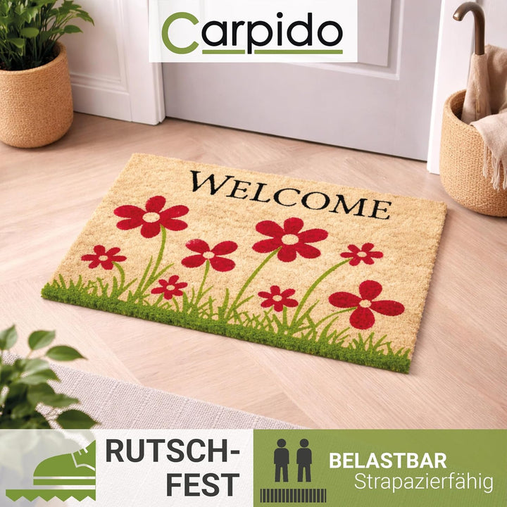 Carpido Fussmatte Kokos Blumenwiese Natur – Türmatte 40x60 cm 2er Set – antibakterielle Matte – Koko