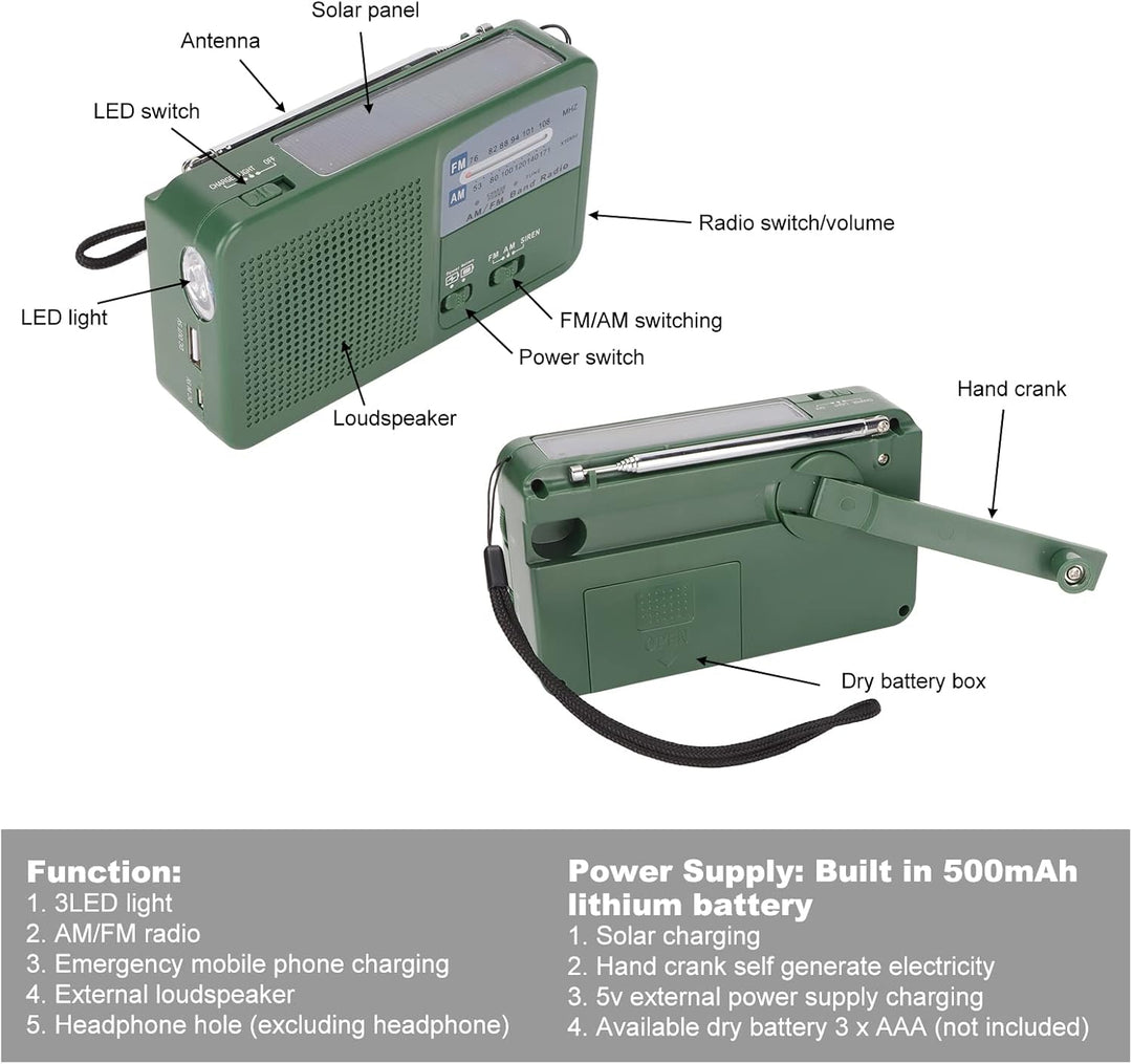 Solar Handkurbel Radio,500 mAh Notfall-Kurbelradio mit LED Taschenlampe,Tragbares AM/FM-Radio, Handy