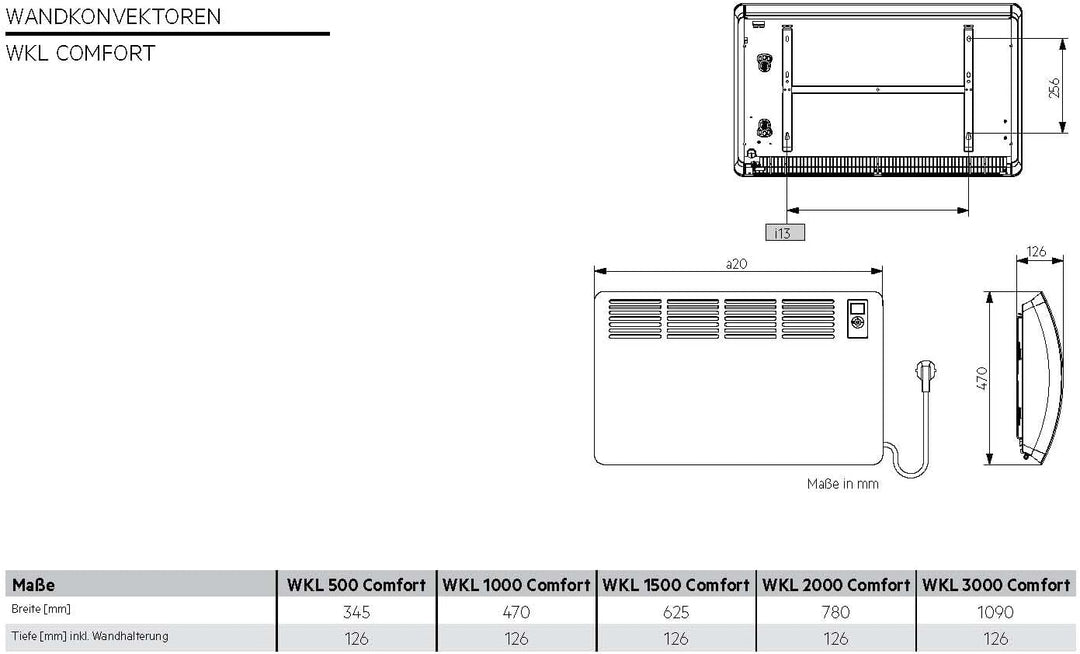 AEG Wandkonvektor WKL 500 Comfort, Elektroheizung energiesparend, 500 W für ca. 6 m², LCD Display, W