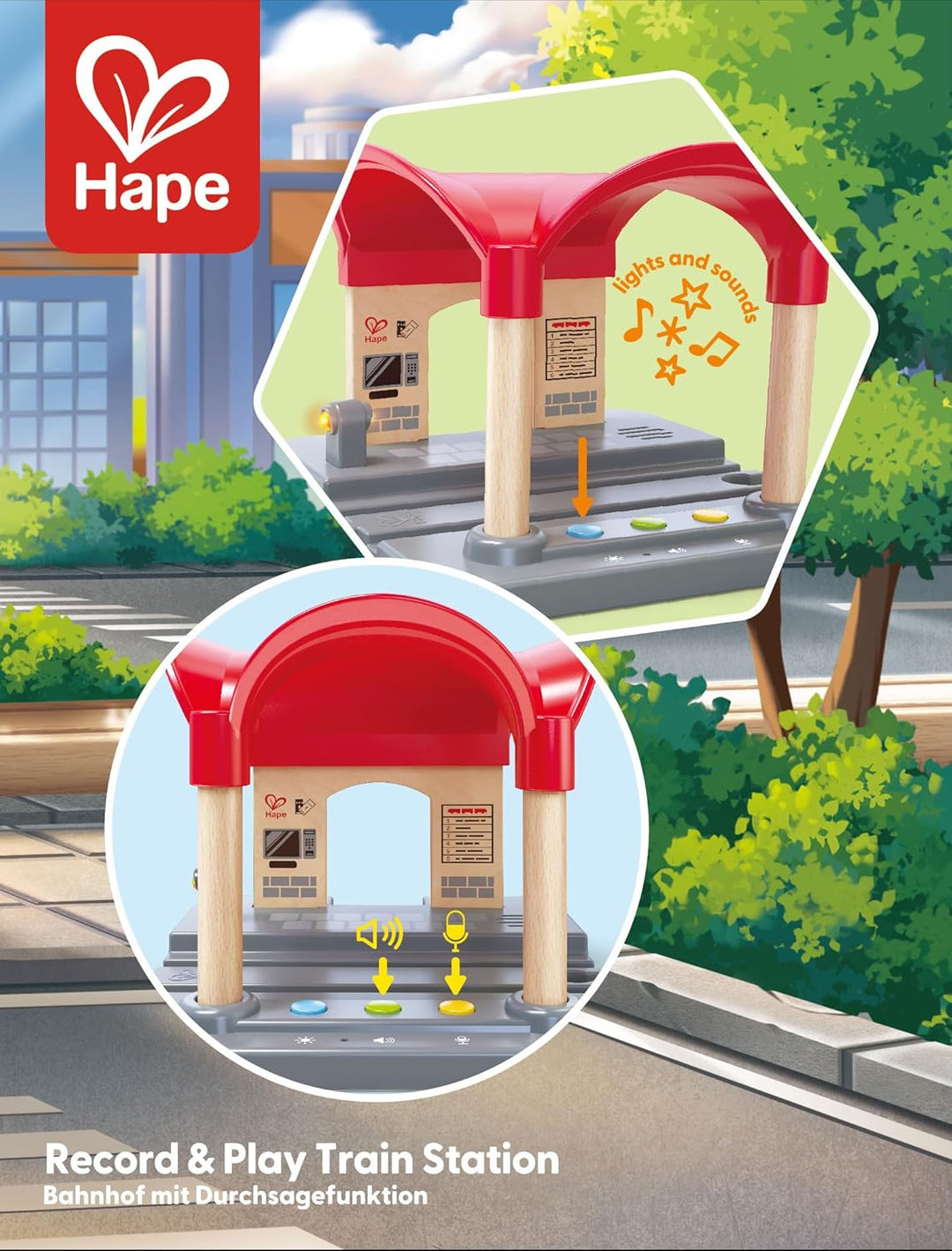 Hape Bahnhof mit Durchsagefunktion, Zubehör für Deine Holzeisenbahn, eigene Bahnhofsansagen aufnehme