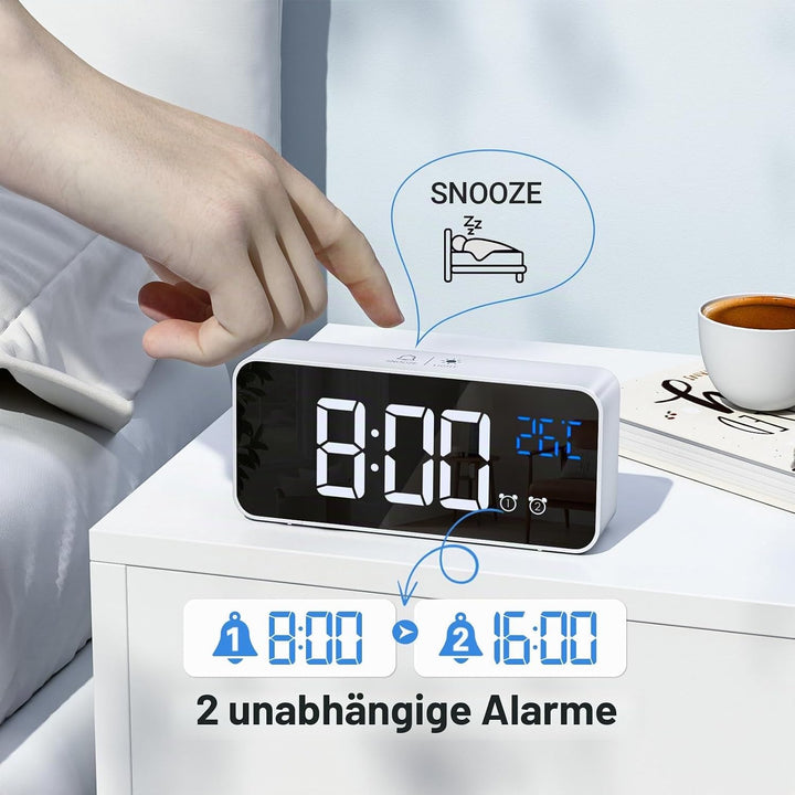 Wecker Digital, LED Digitaluhr mit Temperaturanzeige Tragbarer Spiegelalarm Tischuhr mit 2 Alarmen 1