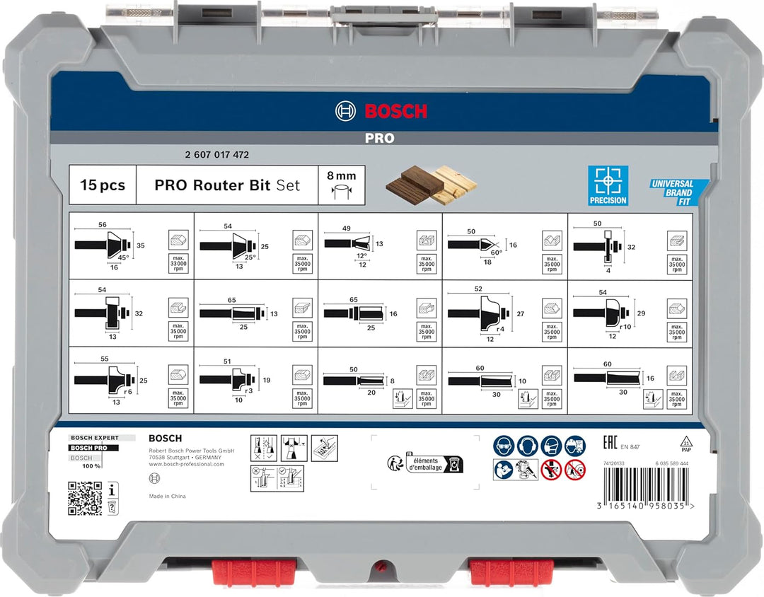 Bosch Accessories 15tlg. Fräser Set (für Holz, Zubehör für Oberfräsen mit 8 mm Schaft) Fräser Set 15