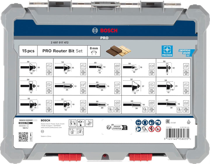 Bosch Accessories 15tlg. Fräser Set (für Holz, Zubehör für Oberfräsen mit 8 mm Schaft) Fräser Set 15