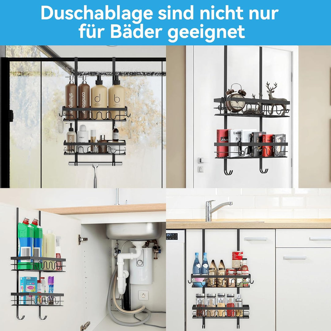 Duschablage ohne Bohren Schwarz, 3-in-1 Hängendes Duschregal für Glastüren mit 2 Körben, 4+3 Haken,