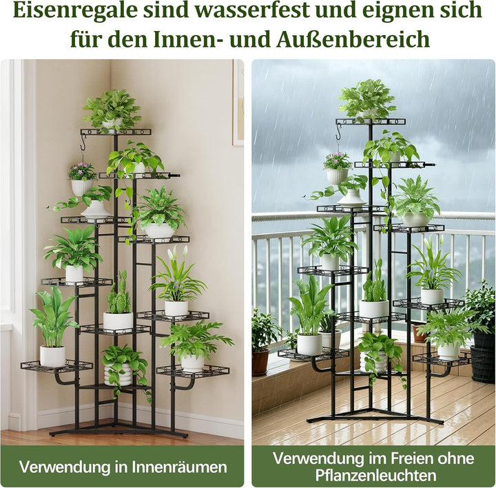 Quikraen 9 Ebenen Blumenständer, Pflanzenständer, 150cm, Metall, Schwarz | L-förmiges Design Pflanze