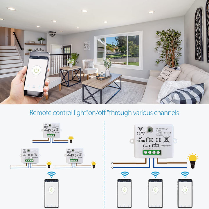 DieseRC Mini Wireless WiFi Switch, 2500W 10A RF Relay Fernbedienungsempfänger, Smart Control per Tel