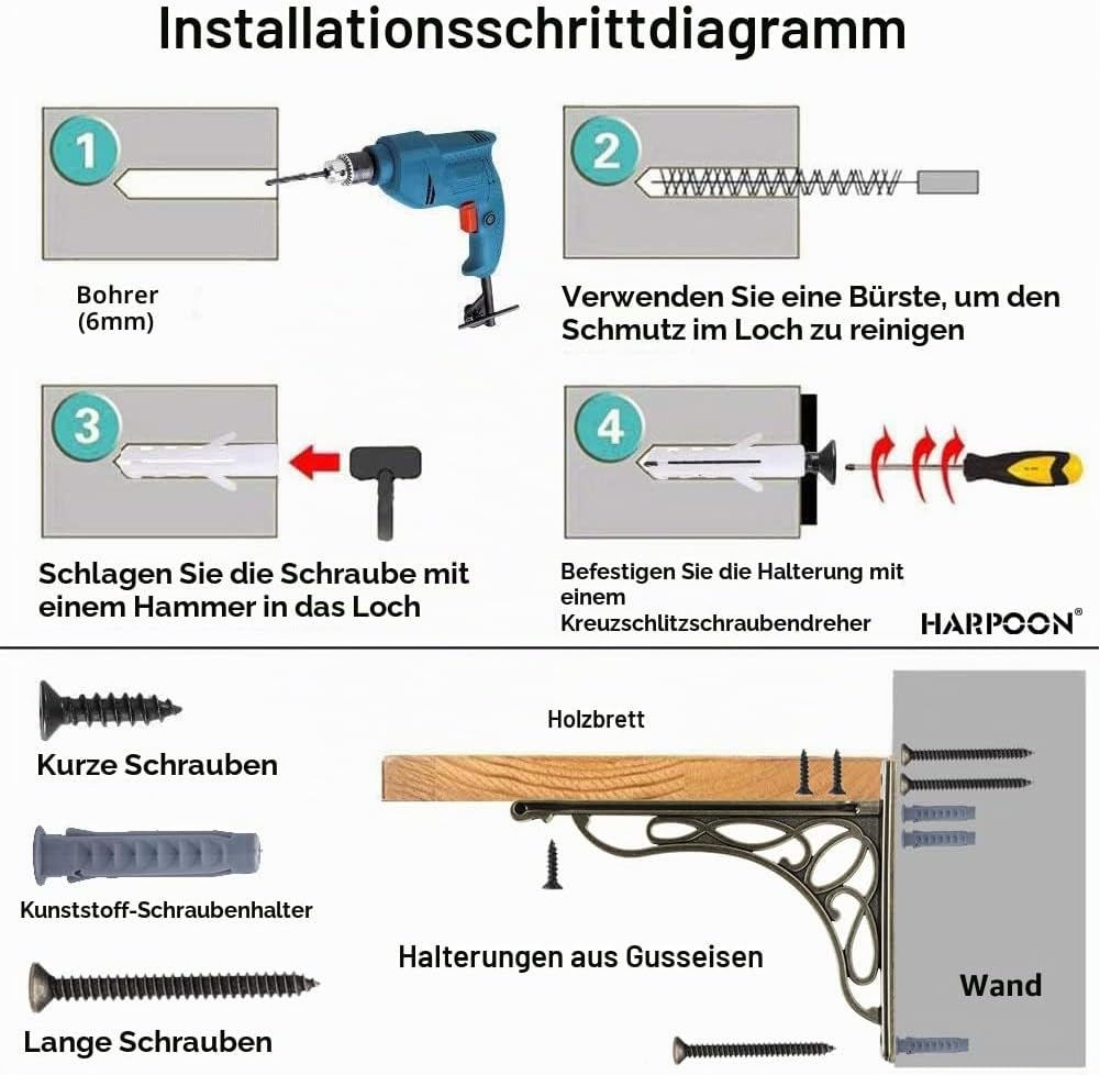 HARPOON Wandregalhalterung, robust und Hardware im Lieferumfang enthalten, 2 Stück, gebürstetes Gold