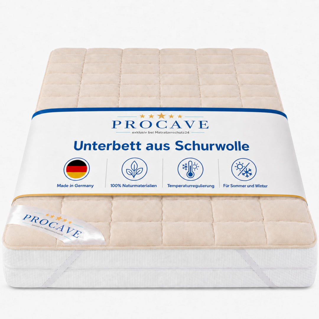 PROCAVE weiches Unterbett aus Schurwolle, atmungsaktiver Matratzen-Schoner, Matratzenbezug mit 4 Eck