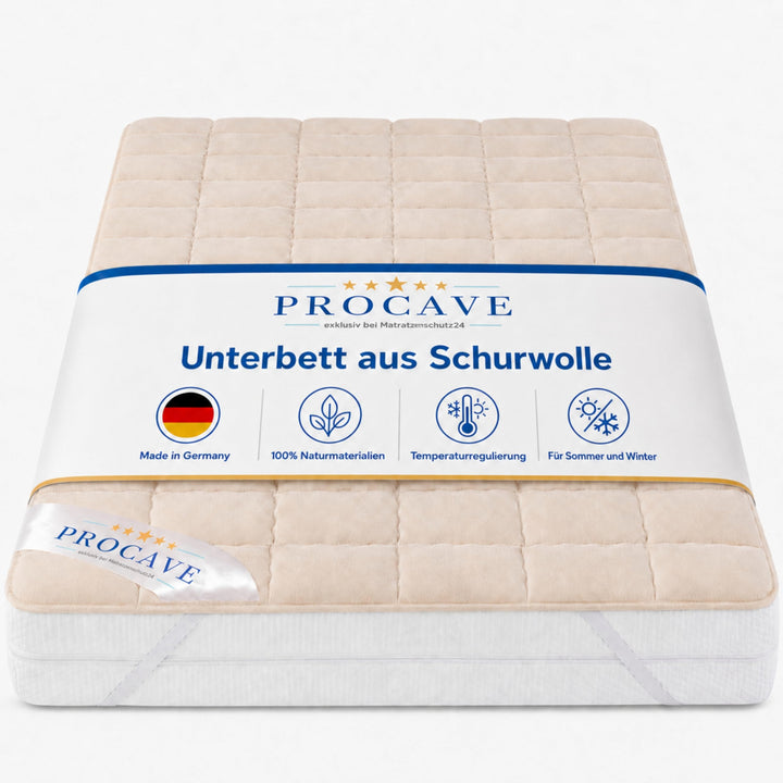 PROCAVE weiches Unterbett aus Schurwolle, atmungsaktiver Matratzen-Schoner, Matratzenbezug mit 4 Eck