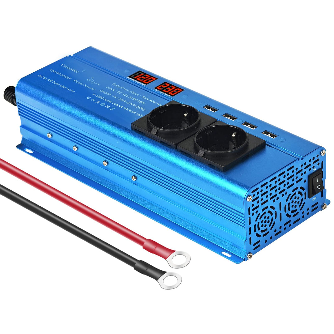 Yinleader Wechselrichter 12V 230V 1200W / 2400W Reiner Sinus-Spannungswandler 2 Steckdosen und 4 USB
