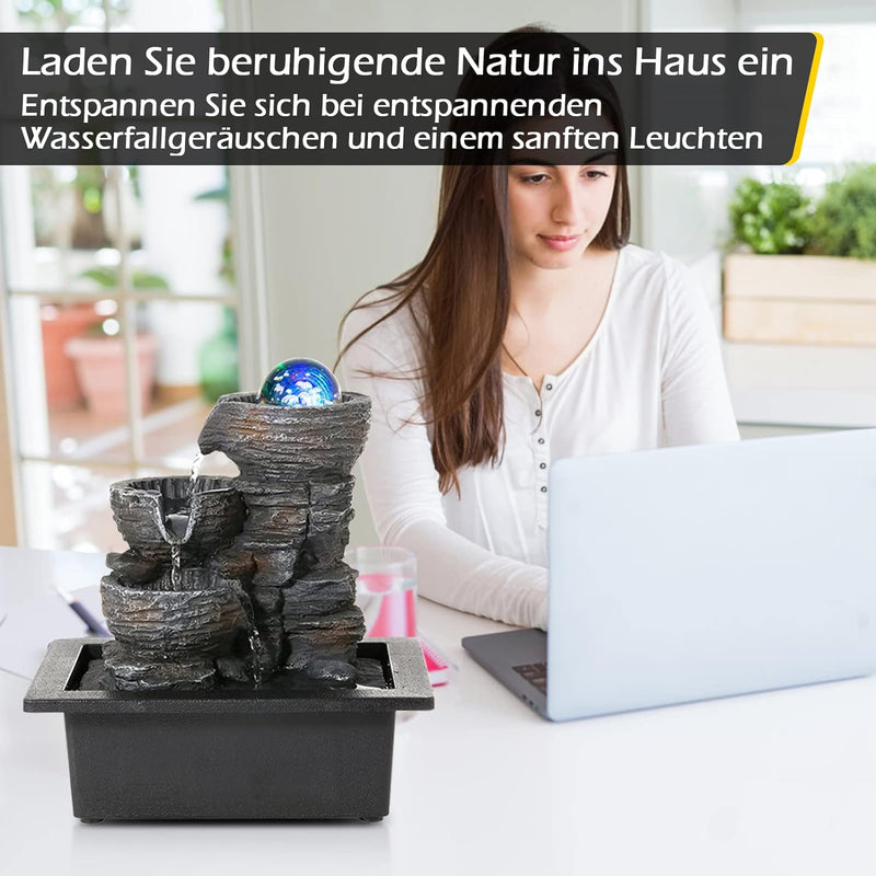 Dyna-Living Zimmerbrunnen Tischbrunnen mit Rollender Kugel, Brunnen Polyresin Springbrunnen LED-Bele