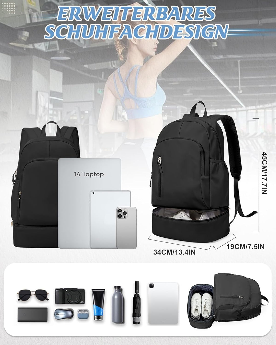 suradar Sportrucksack für Frauen mit Nasstasche und Schuhfach Sportrucksack Damen Gym Backpack Rucks