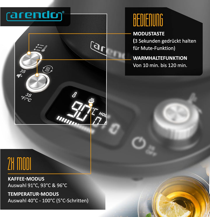 Arendo - Wasserkocher Edelstahl mit Temperatureinstellung - 1100 Watt - 40° bis 100° - Warmhaltefunk