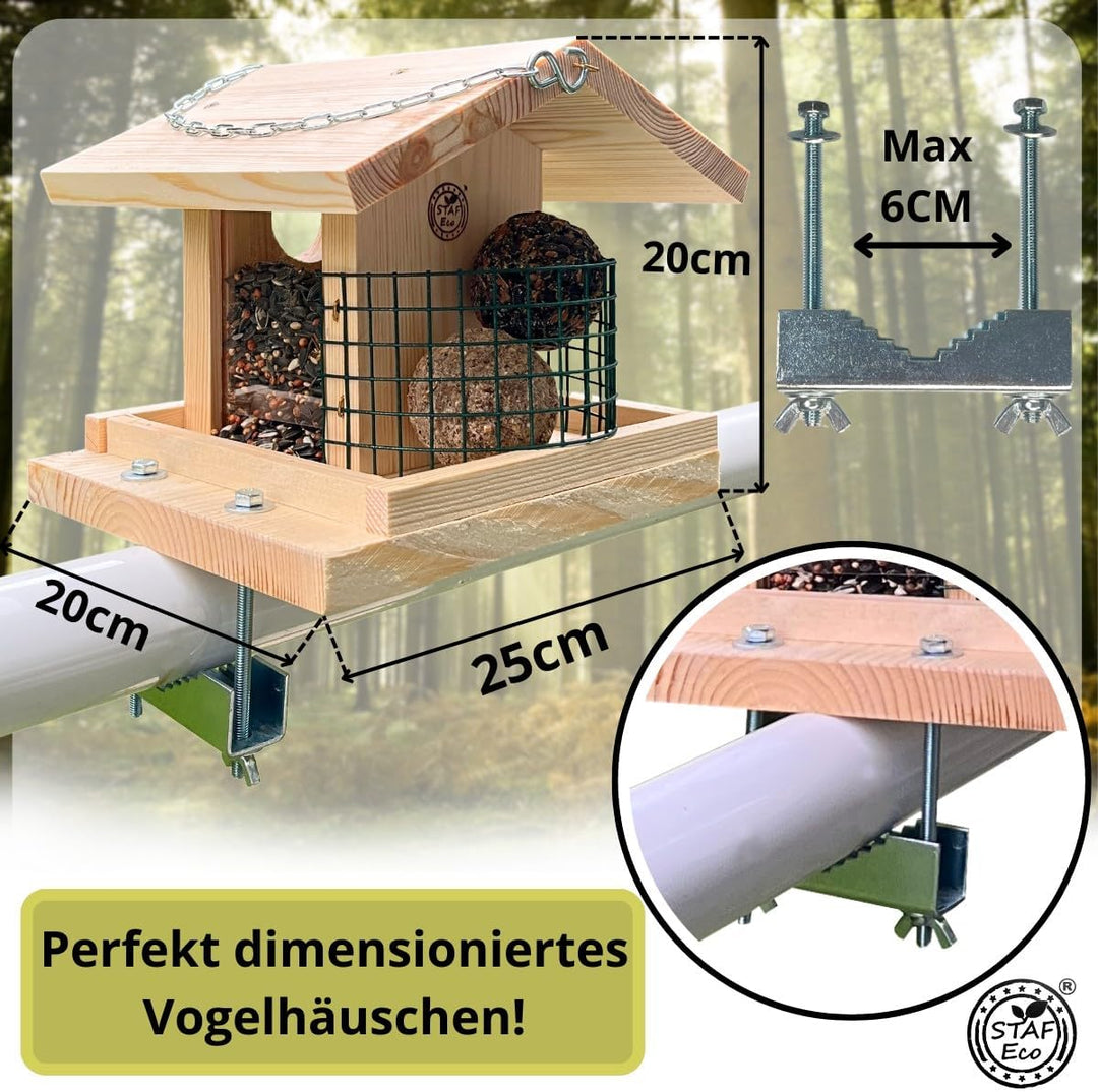 Vogelfutterhaus Vogelhaus Balkon aus natürlichem Holz mit Halterung für das Geländer und Kette zum A