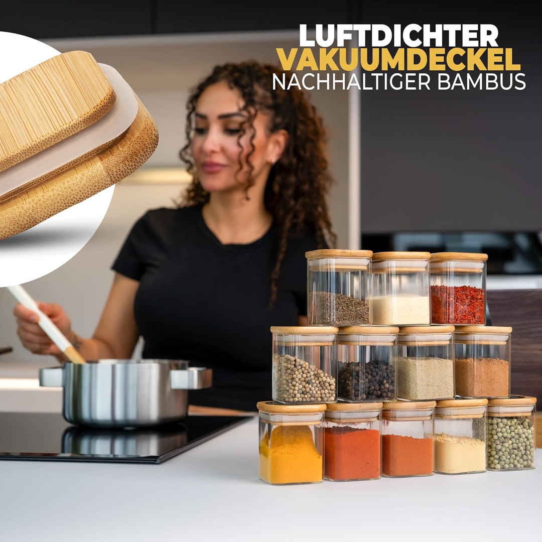 CLIDOR ® - Gewürzgläser Eckig - 12 x 160 ML ( innovative 3mm Glasdicke ) luftdichte Gewürzdosen - st