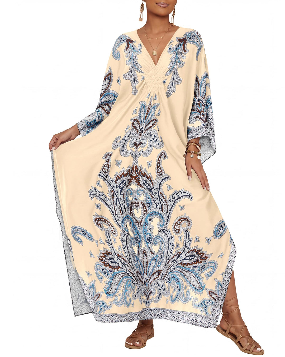 Bsubseach Frauen Plus Grösse Kaftan Kleid Badeanzug Druck Kaftan Strand Cover Up Kleid Aprikose-1, A