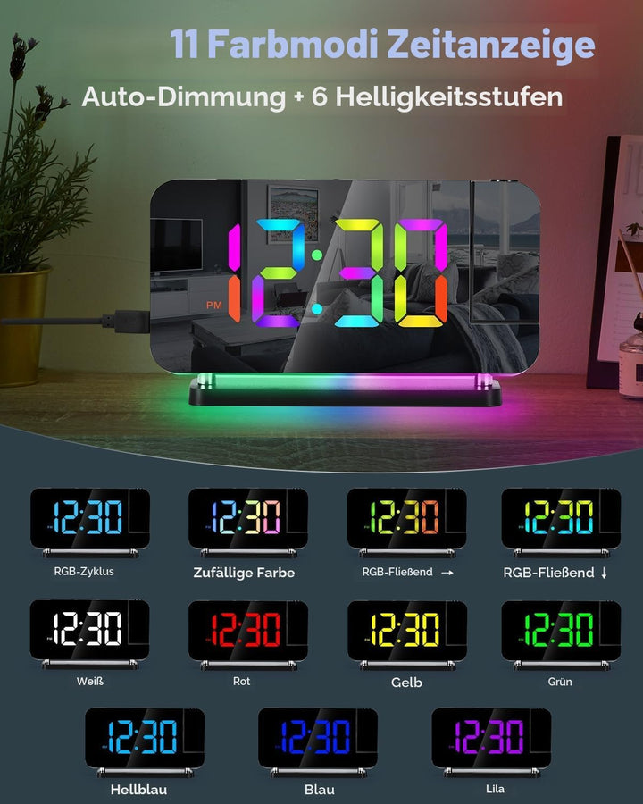 SZELAM Projektionswecker, 7.4 Zoll Digitale Spiegeluhren, mit 180° drehbarem Projektor, RGB-Nachtlic