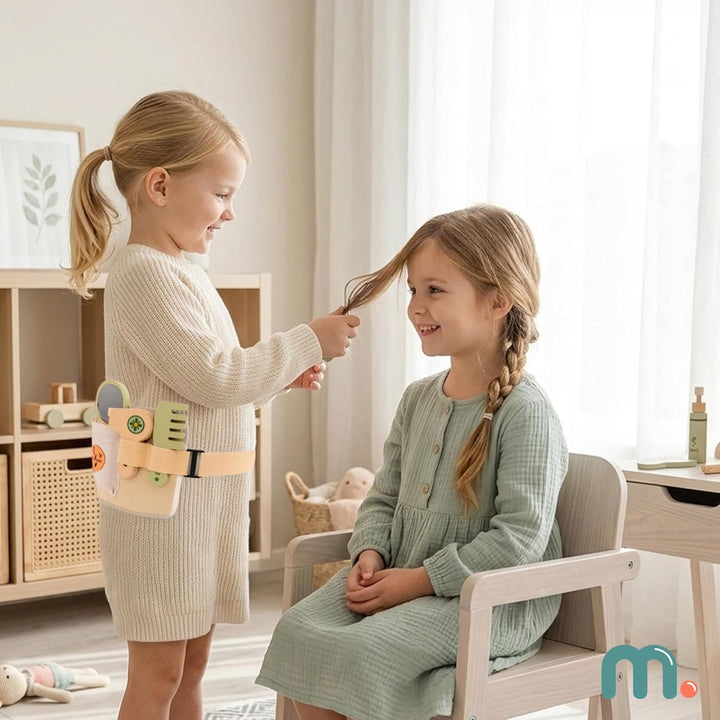 mamabrum Friseur Set Kinder Holz 8tlg Friseurkoffer mit Gürtel Zubehör Spielzeug Friseurspiel Set Ro
