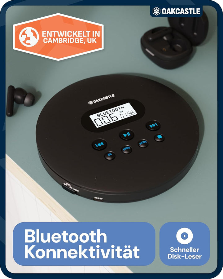 Oakcastle CD100 Tragbarer Retro-CD-Player mit Bluetooth, inklusive Kopfhörer mit Kabel, Kleiner CD P