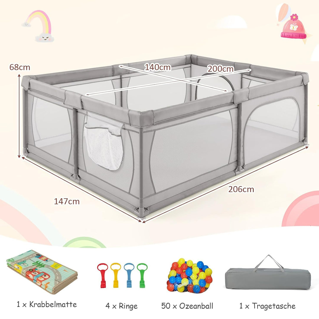 DREAMADE 200 x 140 cm Baby Laufstall, Laufgitter mit 50 Bällen & Tragetasche, Krabbelgitter für Kind
