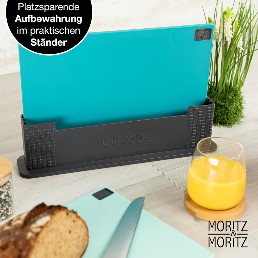 Moritz & Moritz 3x Schneidebrett Kunststoff Set - 32 x 22 cm - Im praktischen Ständer – Küchenbrett