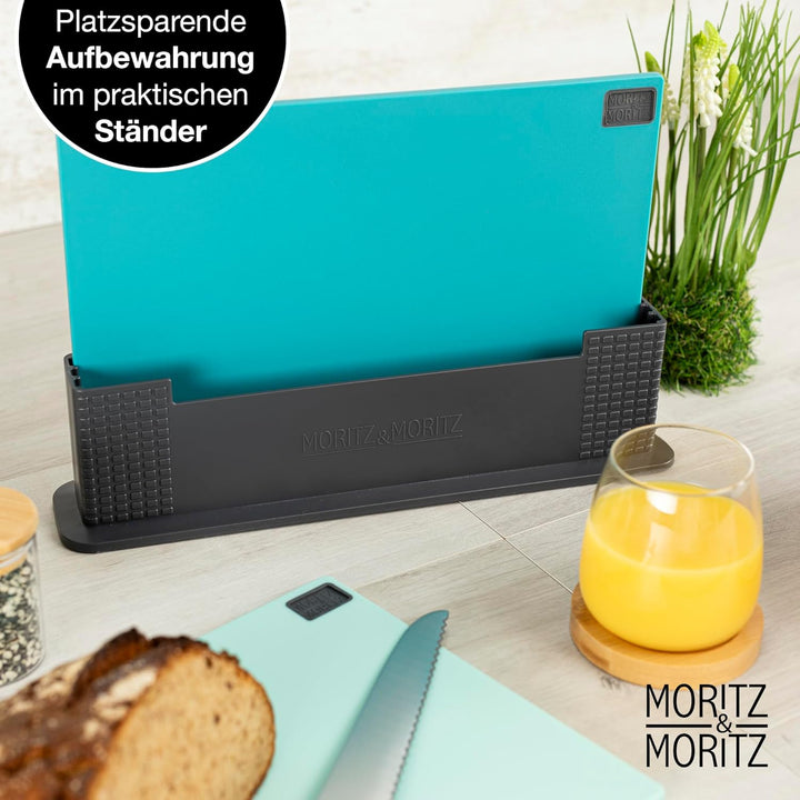 Moritz & Moritz 3x Schneidebrett Kunststoff Set - 32 x 22 cm - Im praktischen Ständer – Küchenbrett
