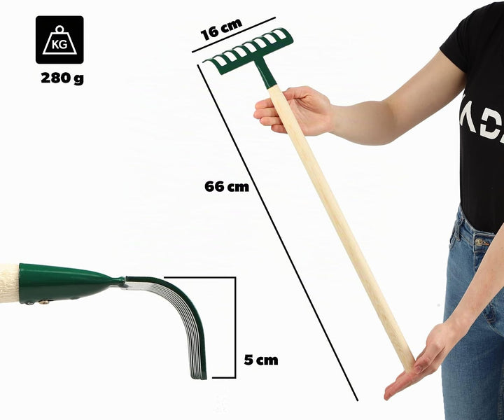 KADAX Kleine Harke aus Metall, Rechen mit Stiel aus Holz, Laubbesen, Laubrechen, Rasenrechen für Gar