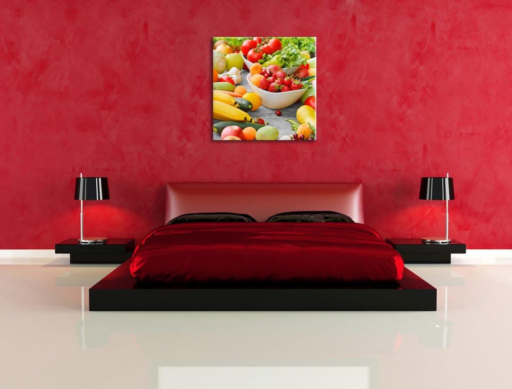 Pixxprint Buntes Obst und Gemüse Schwarz/Weiss, Format: 70x70 auf Leinwand, 70x70