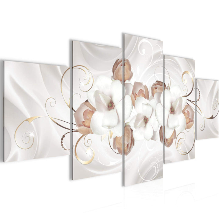Runa Art Wandbilder Blumen Magnolien 5 Teilig Bild auf Vlies Leinwand Deko Wohnzimmer Abstrakt Grau