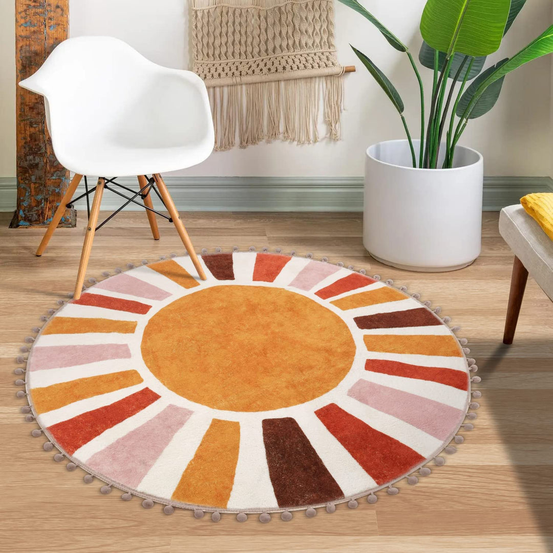 KIMODE Boho Rund Sonne Teppich 90cm,Vintage Weich Badezimmerteppich mit Pompons Rutschfest Waschbare