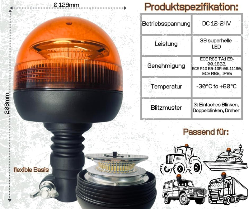Rundumleuchte orange, Warnleuchte mit flexiblem Fuss LED 12V 24V Für Strassenver 3 Funktionen R65