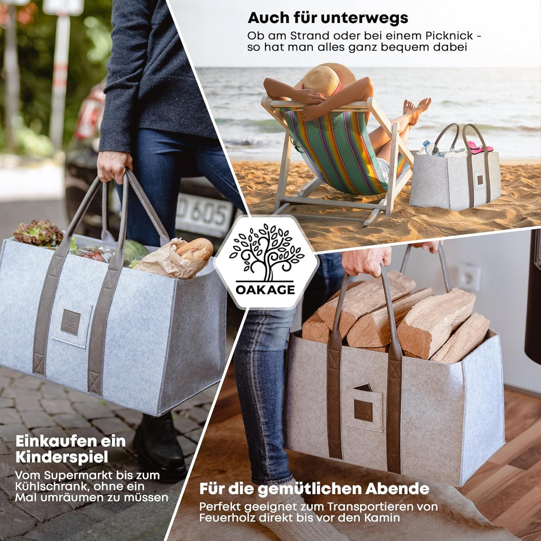 OAKAGE® Einkaufstasche Faltbar Filztasche Shopper Holzkorb für Kaminholz Gross Kaminholzkorb Filzkor