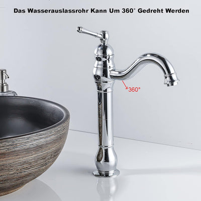 FWZZQ Wasserhahn Bad Hoch Retro, Waschtischarmatur Chrom, 360°Drehbar Armatur Waschbecken, Einhebel