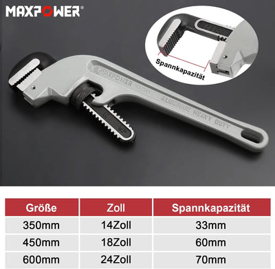 MAXPOWER 350mm Rohrzange Chrom Rohrzange für Plastikrohre 45° Rohrzange Profi Maximale Öffnung 33mm