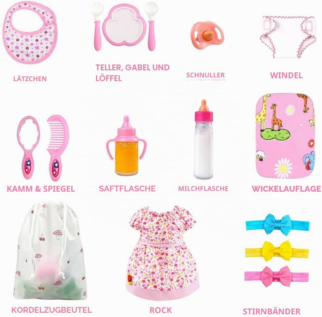 BNUZEIYI Babyzubehör – Fütterungs- und Pflegeset mit Flaschen, Windel, Wickelunterlage, Kleidung für