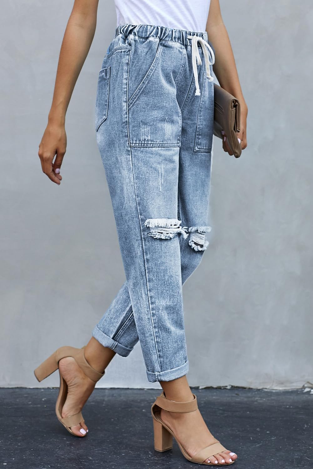 Alaster Queen Jeans Damen Lässig High Waist Jeans Baggy Jeans Damen Knie Zerrissen Jeans 209-hellbla