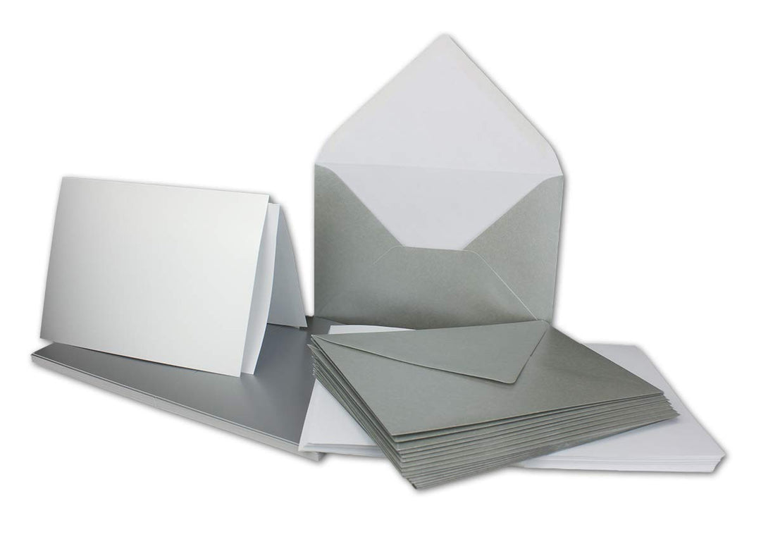 300x Faltkarten Set DIN A6/C6 mit Brief-Umschlägen in Silber - inklusive Einleger - 14,8 x 10,5 cm -