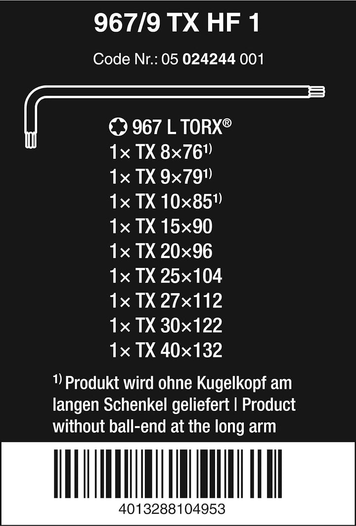 Wera 967 L/9 Torx HF Winkelschlüsselsatz mit Haltefunktion, BlackLaser, 9-teilig, 05024244001
