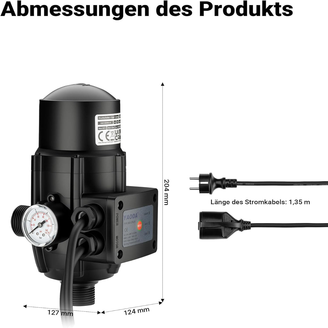 Wiltec Druckschalter mit Kabel EPC-2 230V bis 10 bar, Druckwächter mit Trockenlaufschutz für Hauswas