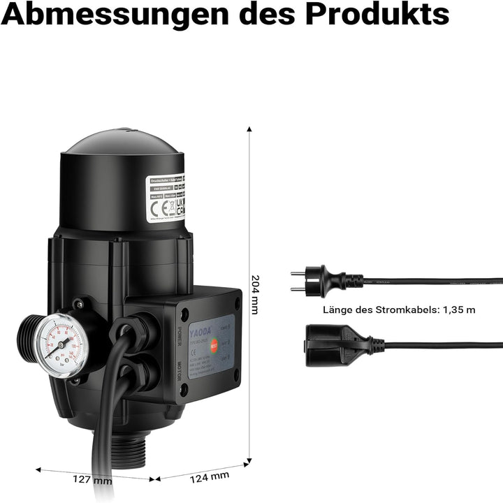 Wiltec Druckschalter mit Kabel EPC-2 230V bis 10 bar, Druckwächter mit Trockenlaufschutz für Hauswas