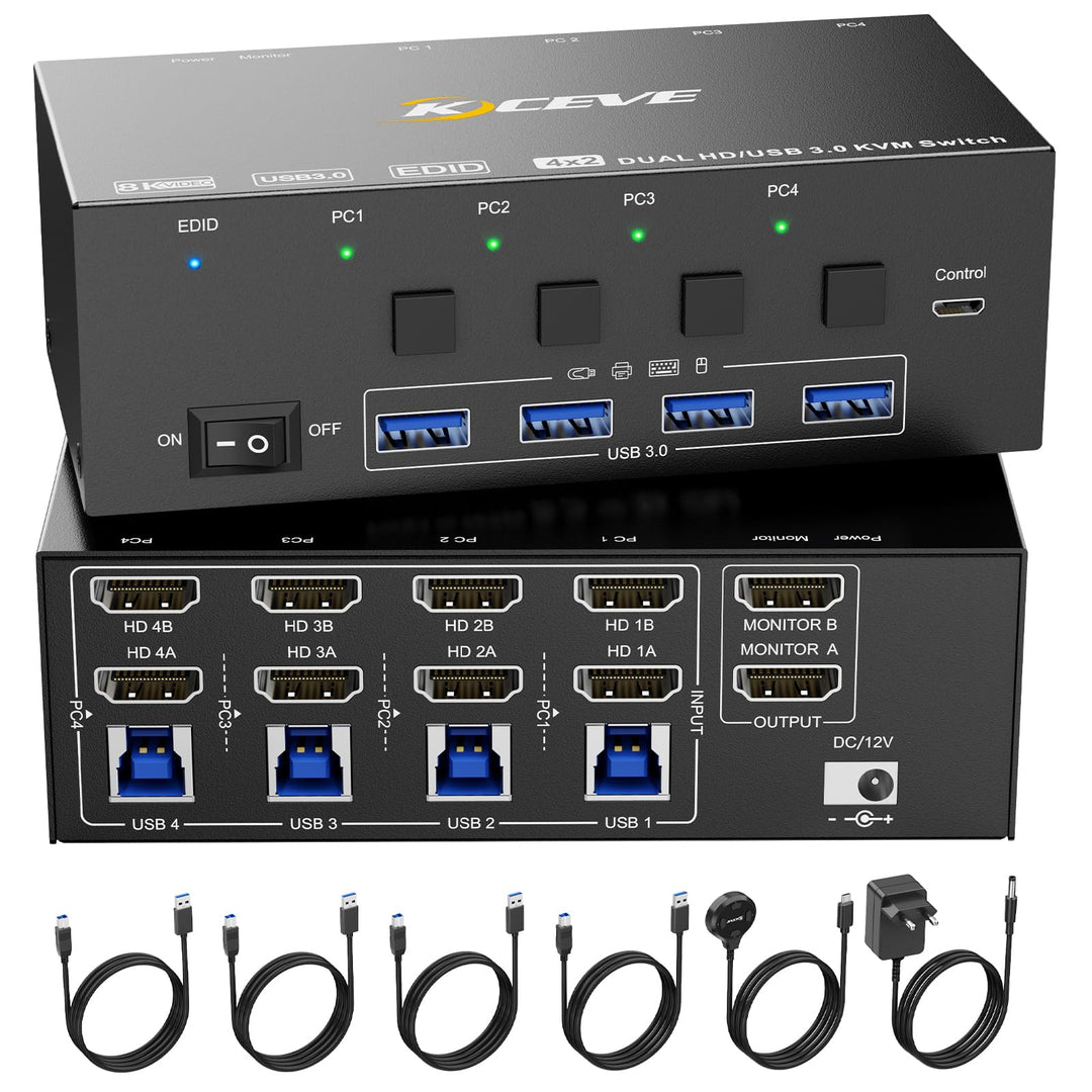 KVM Switch 4 Computer 2 Monitore, KCEVE 8K@60Hz, 4K@144 Hz USB 3.0 HDMI KVM-Umschalter mit EDID-Emul