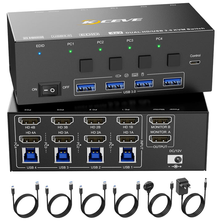 KVM Switch 4 Computer 2 Monitore, KCEVE 8K@60Hz, 4K@144 Hz USB 3.0 HDMI KVM-Umschalter mit EDID-Emul