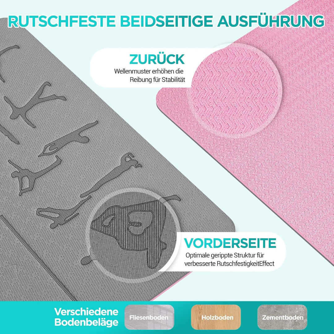 OUTDOUSE Yoga Matte, TPE 6mm Dicke Hautfreundliche Yogamatte Rutschfest Gymnastikmatte Pilates Gymna